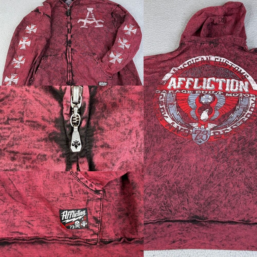 AFFLICTION Hoodie Mens 3XL Burgundy Full Zip Sweatshirt Skull Patch Sweater Y2K